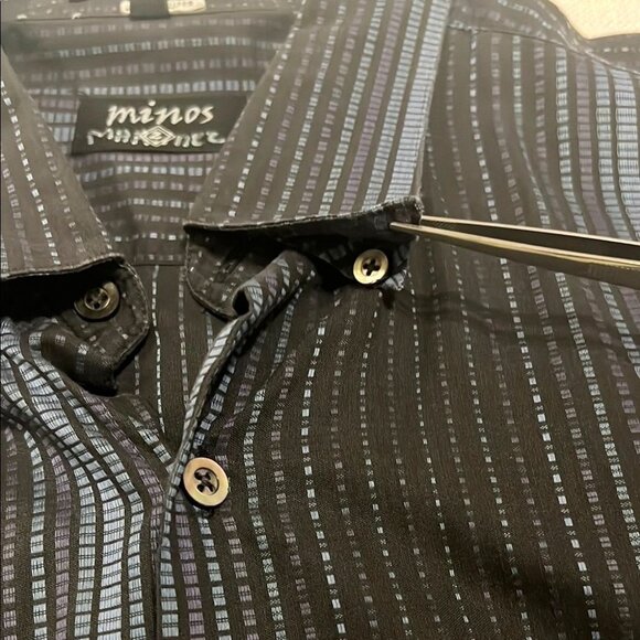Minos Shirt L Black Blue Stripe Woven Germany Cotton Long Sleeve Button Up - Picture 7 of 11